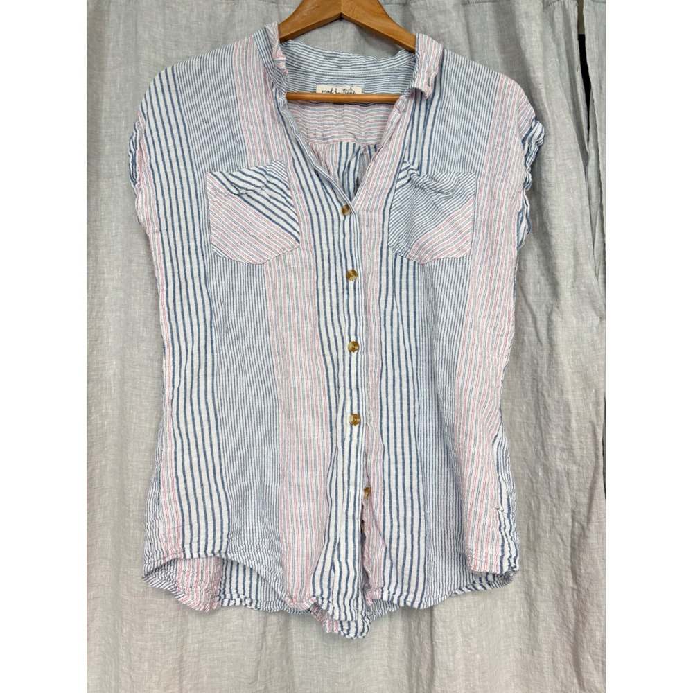 Mod Boutique Linen Blend Striped Button Down Sleeveless Shirt Blue Red Large